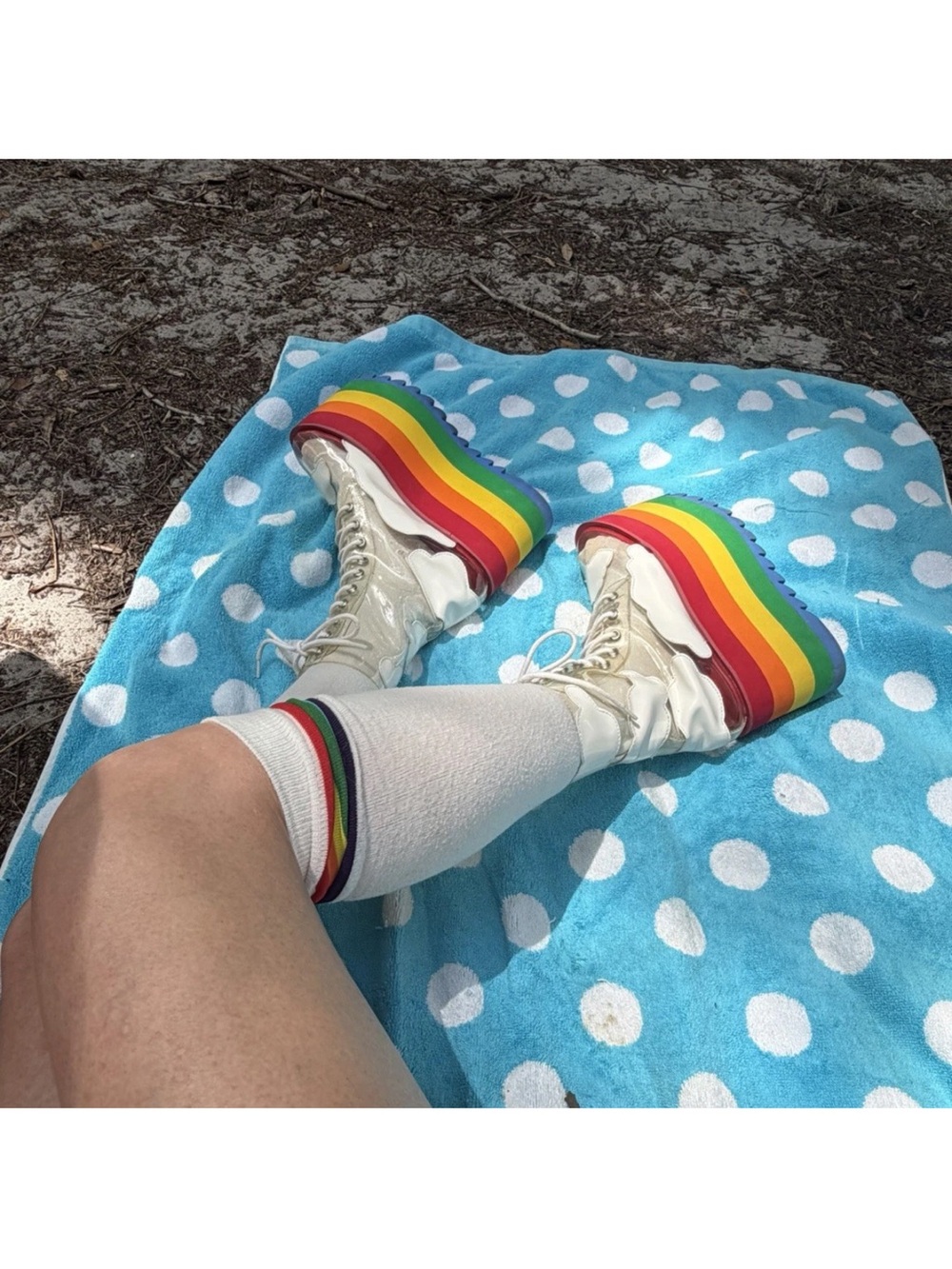 Dolls Kill “Current Mood” Clear plastic w/White clouds Platform Rainbow Boots